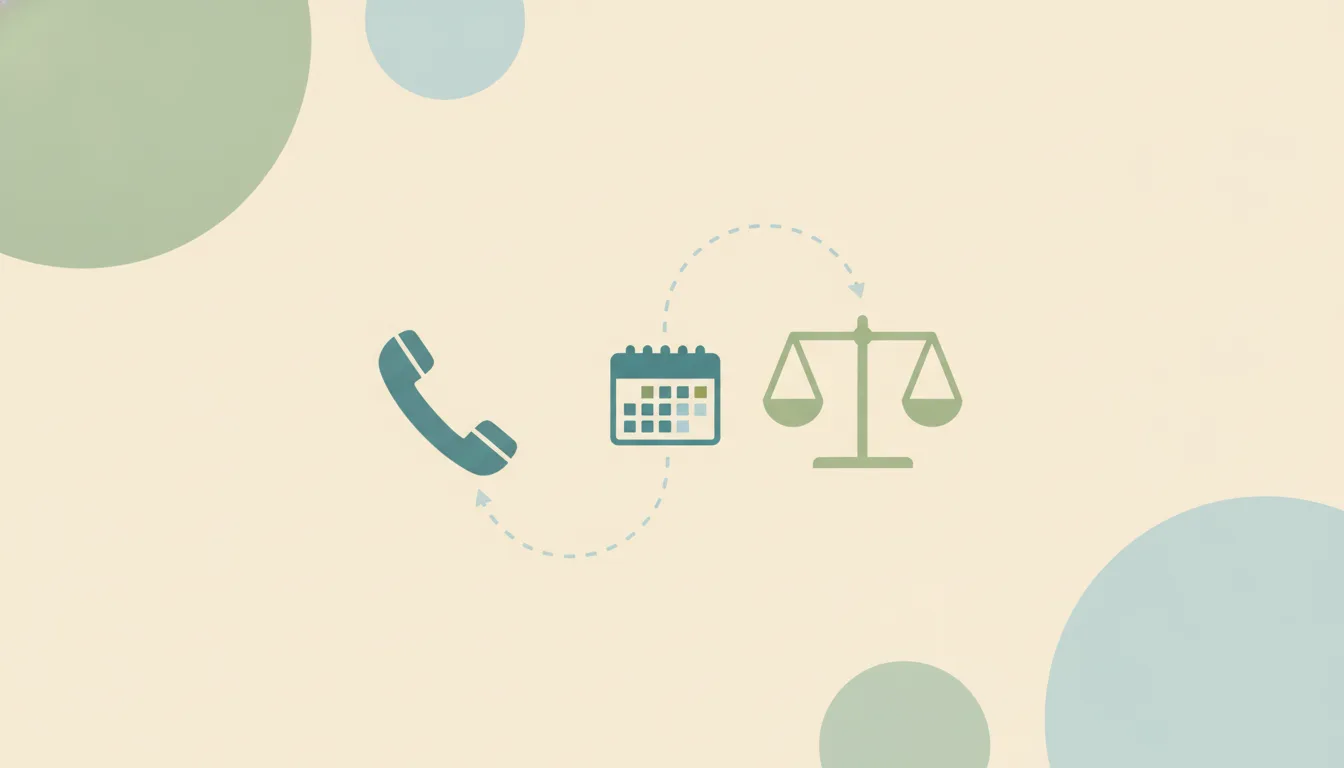 A phone handset, a balance scale and a calendar linked by dotted lines over soft overlapping circles