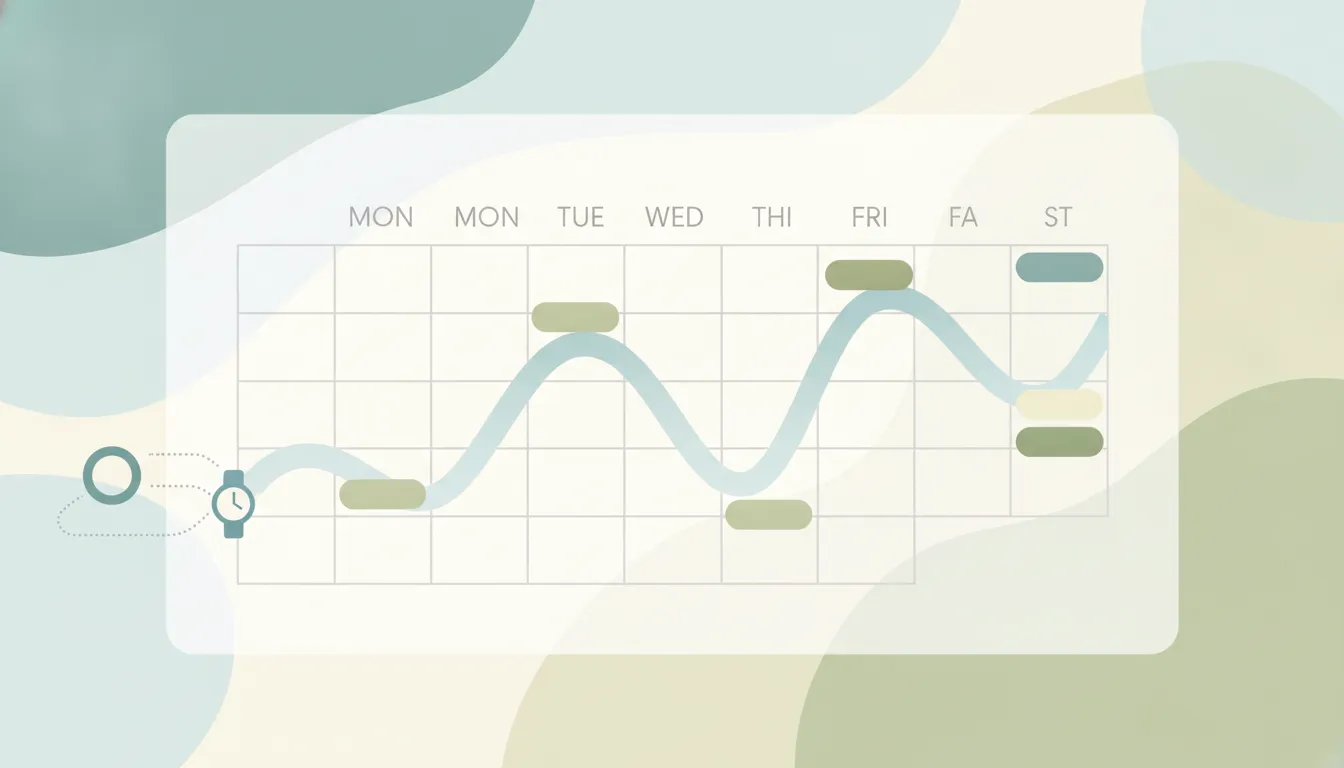 Illustration of a calendar grid overlaid with an energy curve from a wearable ring and watch, with alternative planner app icons arranged alongside