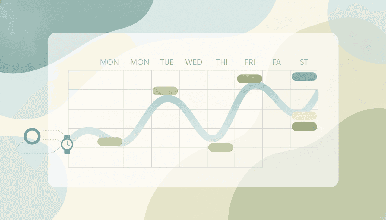 Illustration of a calendar grid overlaid with an energy curve from a wearable ring and watch, with alternative planner app icons arranged alongside