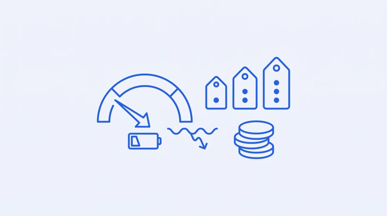 A draining credit meter beside ascending price tags and coins, illustrating usage-metered AI assistant pricing