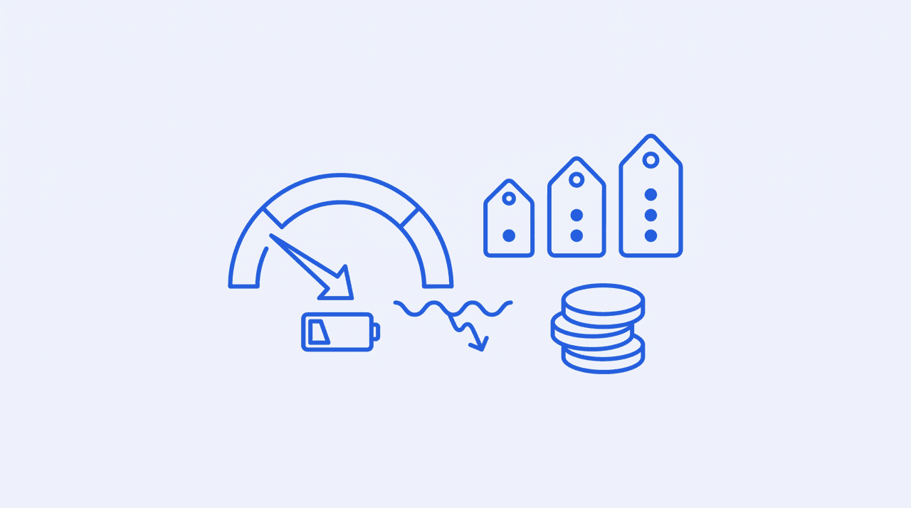 A draining credit meter beside ascending price tags and coins, illustrating usage-metered AI assistant pricing