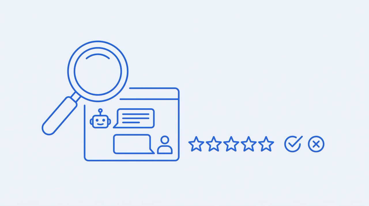 A magnifying glass inspecting an AI assistant chat window with a star rating and verdict badges, representing a product review