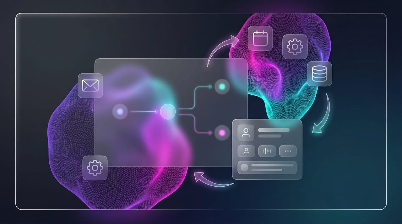 Grid of AI assistant app icons positioned around a calendar and inbox representing Lindy alternatives