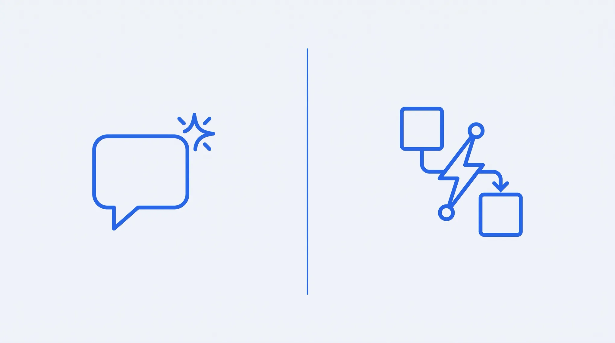 A chat bubble with a sparkle beside a lightning bolt linking two app squares, representing an AI assistant compared with an automation platform