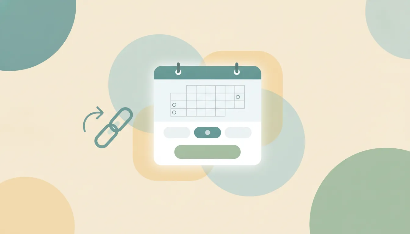 Booking-page card with a calendar grid, highlighted time slot, and confirm button, illustrating a scheduling link tool