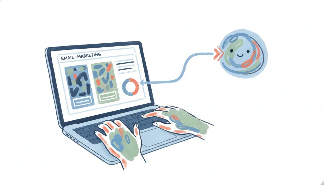A laptop showing a Mailchimp email campaign and audience dashboard, linked by a connector to a friendly AI assistant
