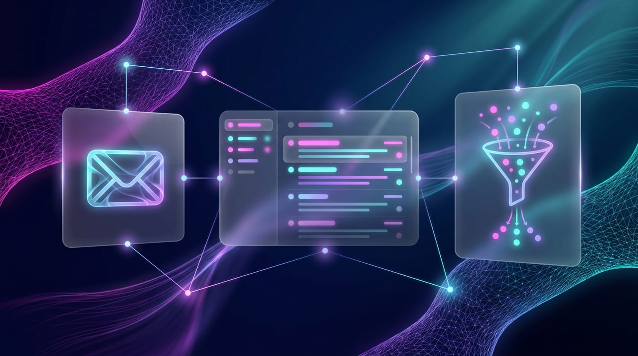 Grid of AI email writing tool icons surrounding a compose window with sparkles representing MailMaestro alternatives