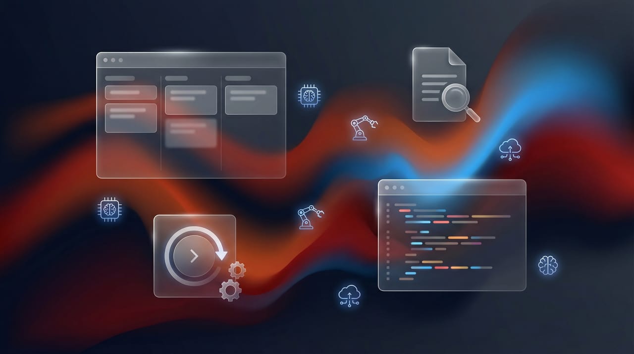 Grid of autonomous AI agent app icons surrounding a laptop running multi-step tasks representing Manus alternatives