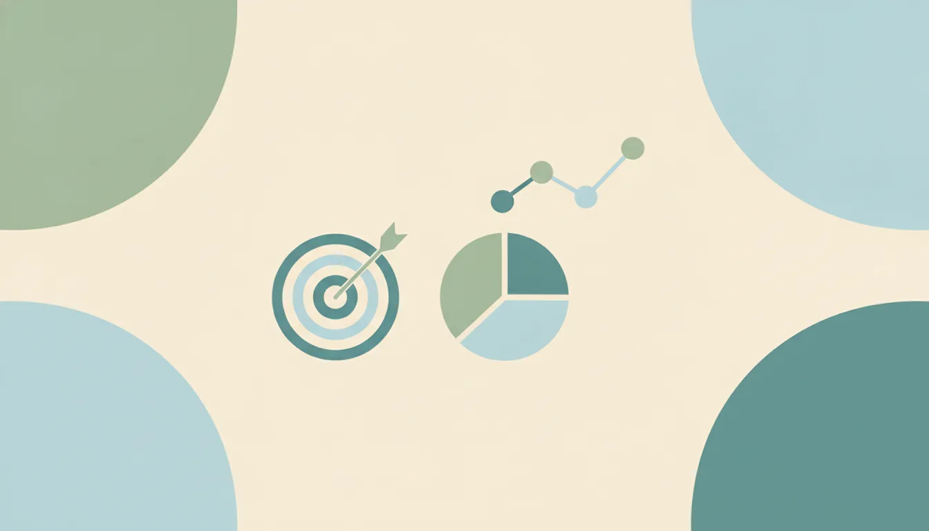 Abstract target with an arrow beside a pie chart and a rising line, over layered circles, representing marketing statistics and budgets