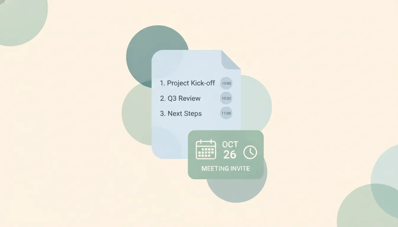 A document card with an ordered agenda list and time markers clipped to a calendar invite, illustrating a structured meeting agenda