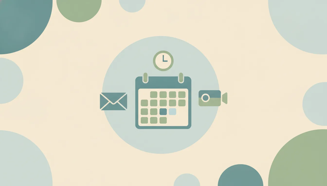 Abstract flat illustration of a calendar card with a clock, a chain link and a short checklist, joined to an open envelope