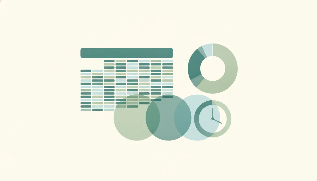 Abstract dashboard of a densely booked calendar grid beside a donut chart and a clock, representing meeting statistics