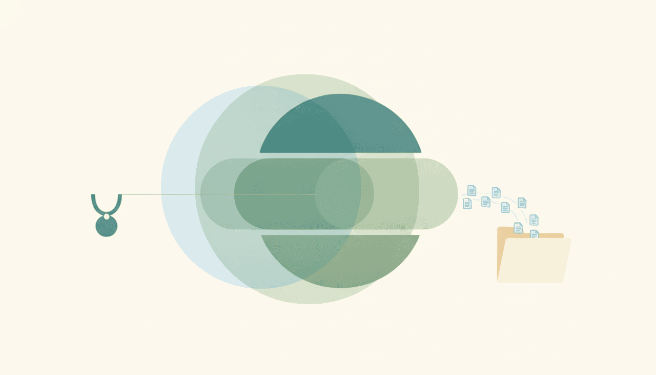Illustration of a small pendant being drawn into a large abstract corporate shape while a data stream exports safely to one side