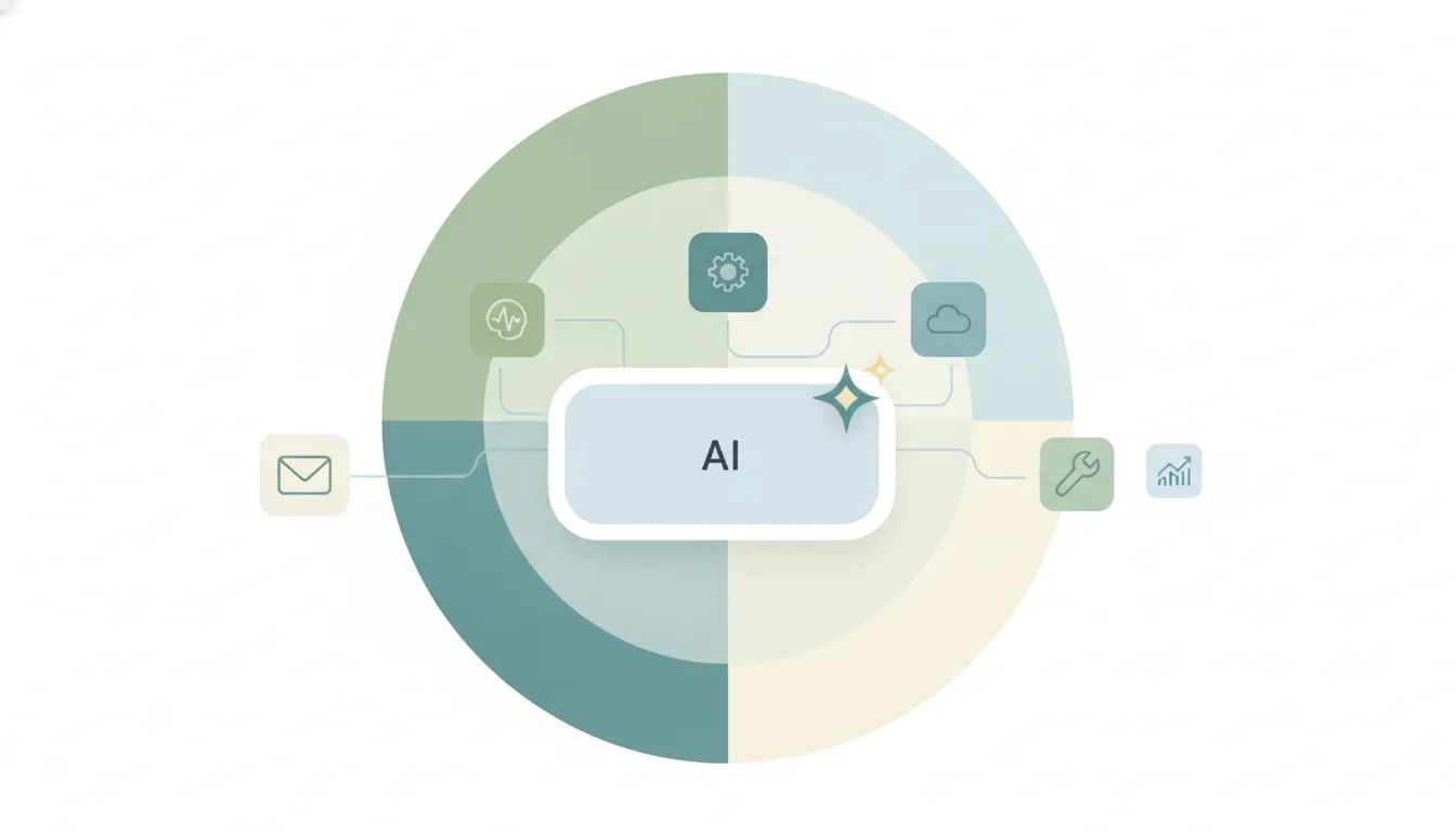 A central AI assistant panel surrounded by alternative AI tool tiles, representing alternatives to Microsoft Copilot