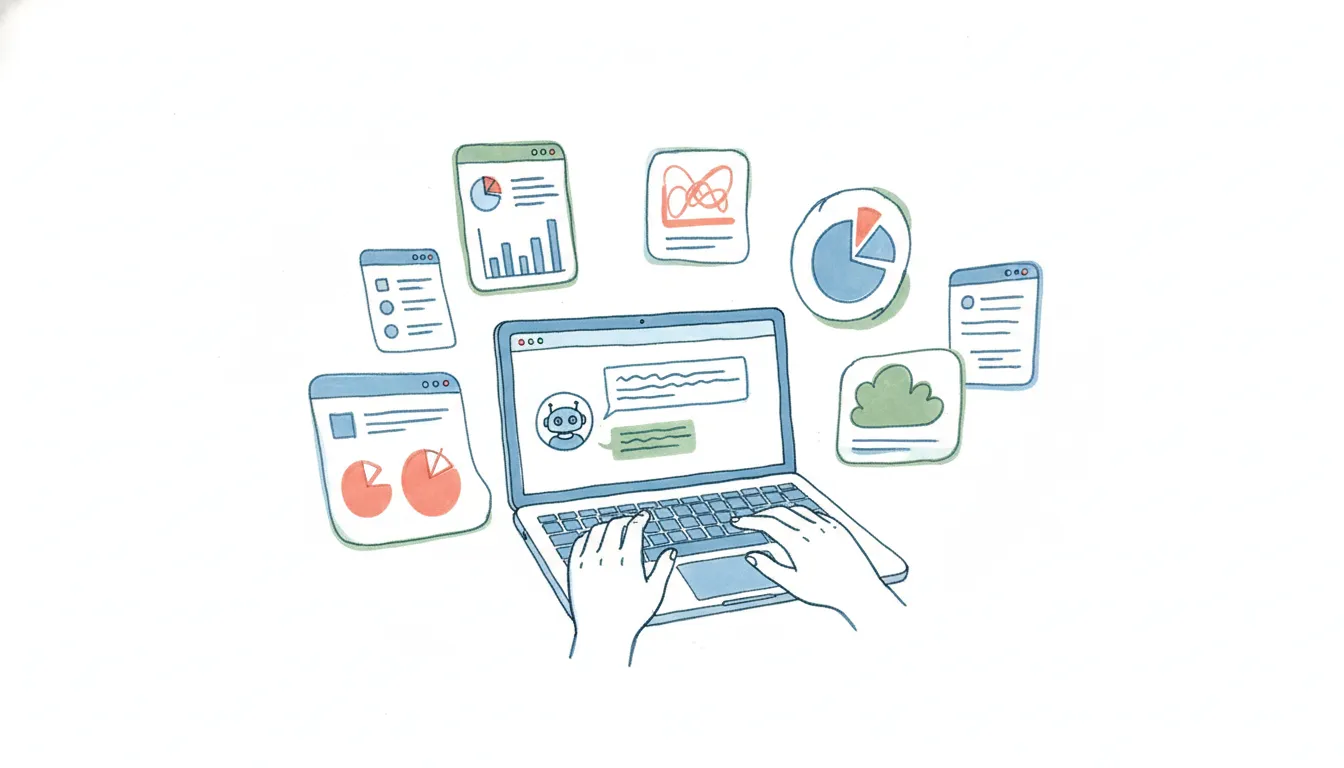 Hand-drawn illustration of a laptop chat window with a robot avatar, surrounded by floating alternative app windows