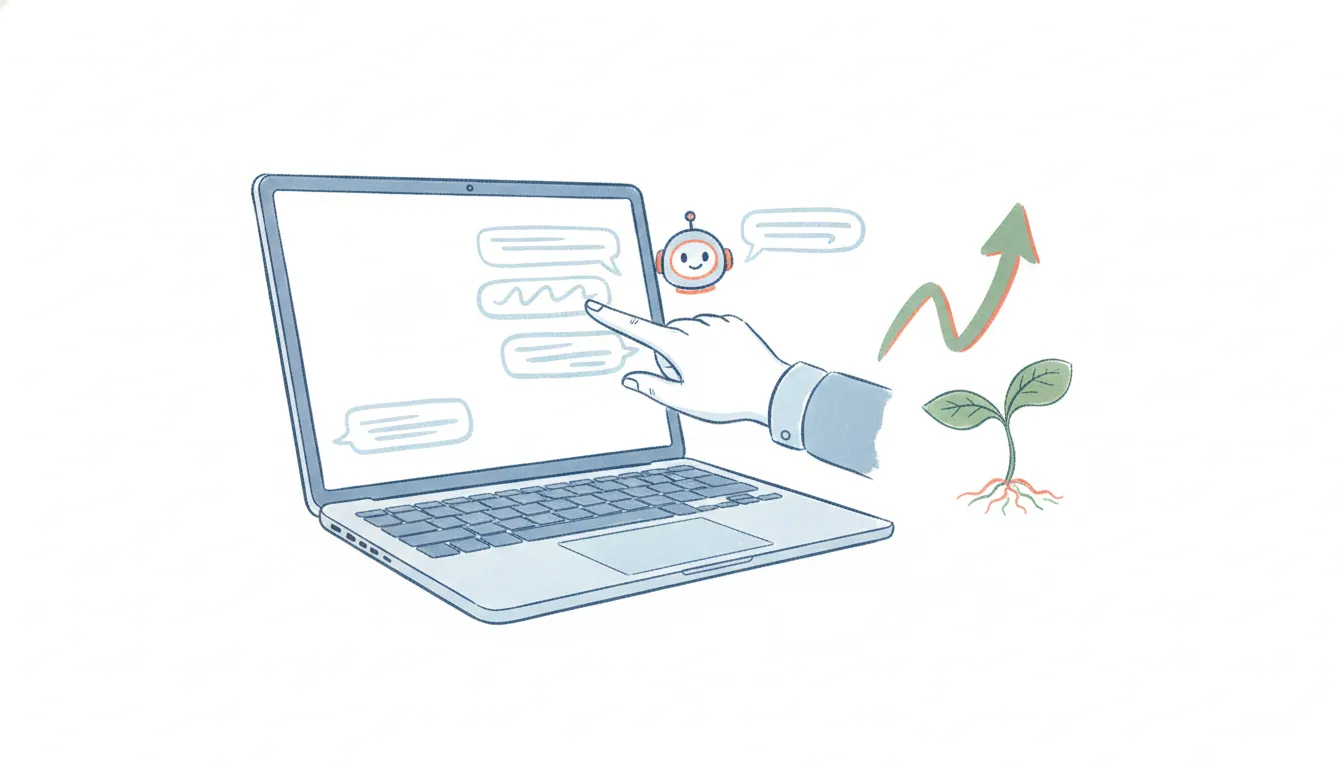 A hand-drawn illustration of a laptop showing a team chat with a small robot avatar beside a rising growth arrow