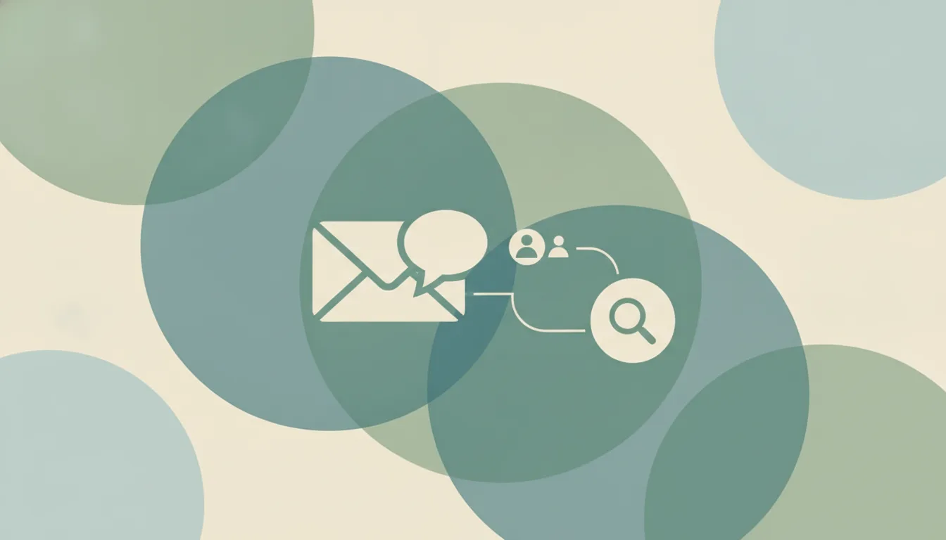 Several envelopes and chat bubbles flowing into one shared tray, with small speech-bubble comments pinned beside each envelope
