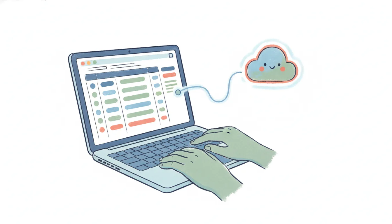 A laptop showing monday.com board items, linked by a connector to a friendly AI assistant