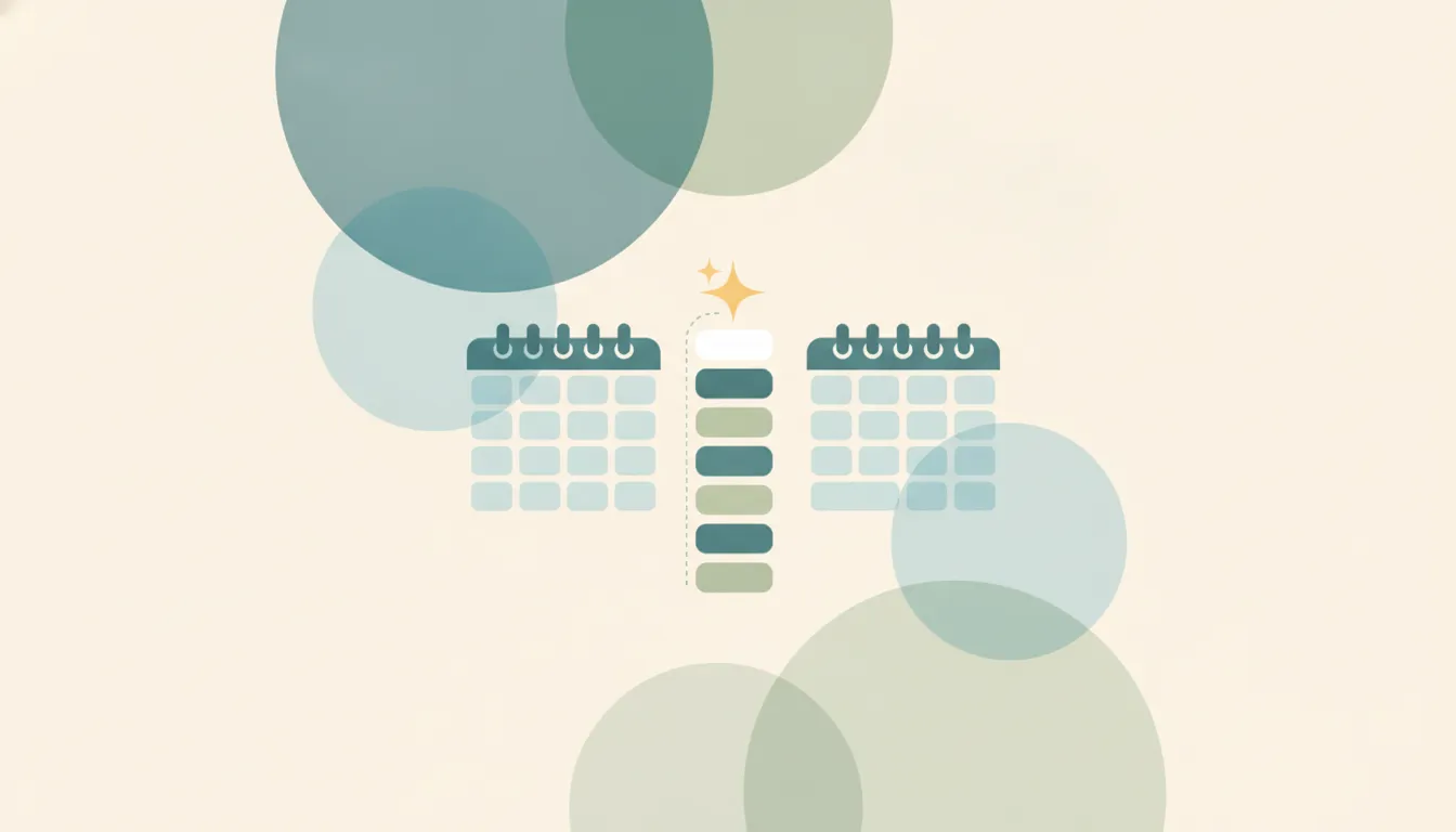 Two calendar surfaces merging into one with an AI sparkle arranging events, illustrating a unified AI calendar planner