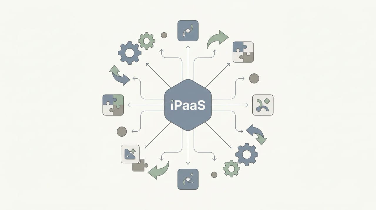 Central iPaaS integration hub surrounded by alternative automation platform icons connected by workflow lines