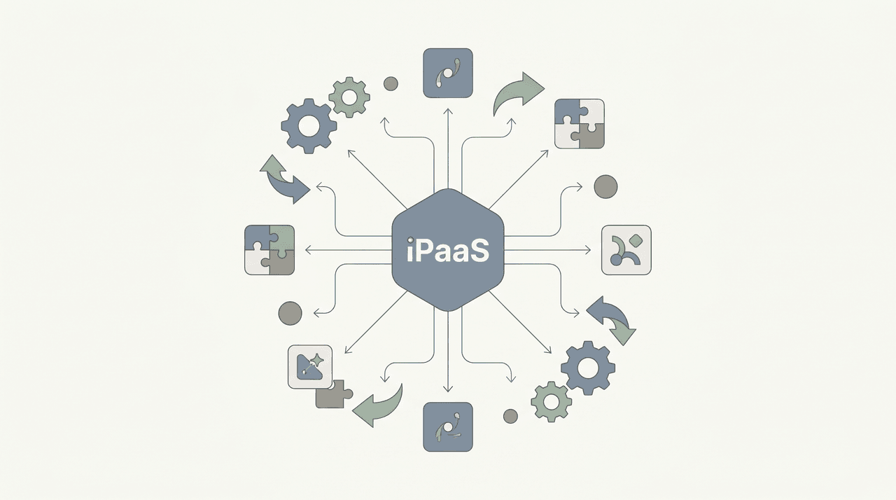 Central iPaaS integration hub surrounded by alternative automation platform icons connected by workflow lines