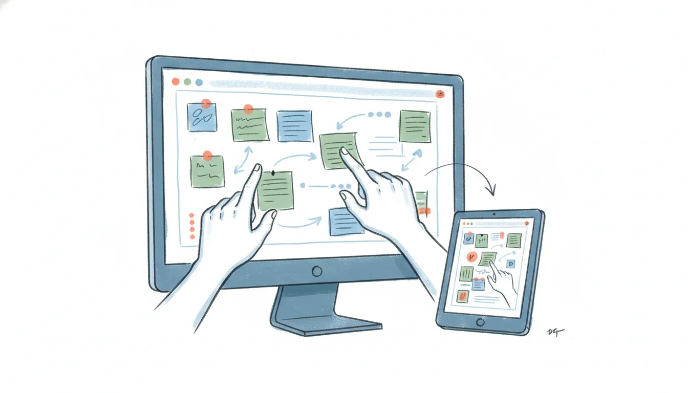 A collaborative whiteboard covered in sticky notes with alternative whiteboard app icons arranged alongside