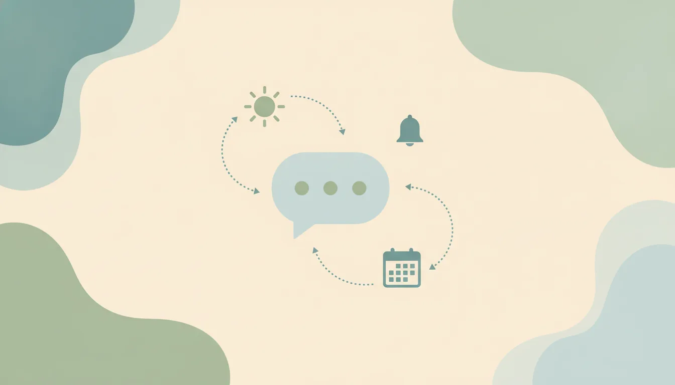 A large chat bubble linked by dotted lines to a sun, a bell and a calendar, the alternatives to Nessi