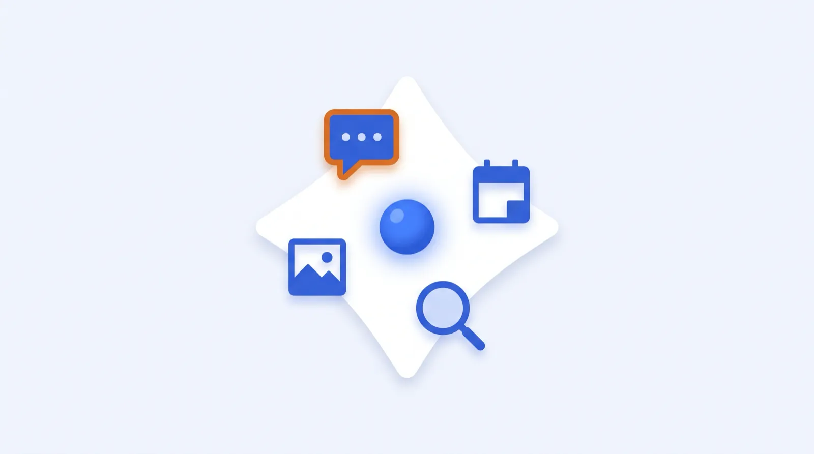 Stylized ninja-themed AI agent icon surrounded by alternative assistant apps, a research report, a calendar with meeting slots, and chat bubbles