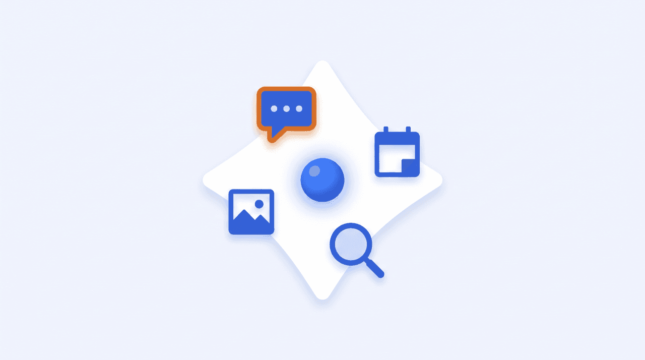 Stylized ninja-themed AI agent icon surrounded by alternative assistant apps, a research report, a calendar with meeting slots, and chat bubbles