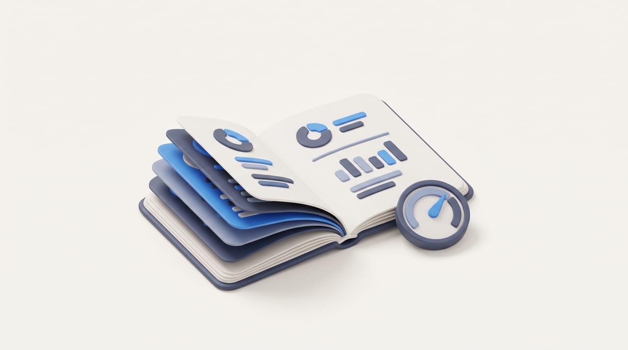 An open notebook with a fan of source cards and a small gauge, representing NotebookLM notebook and source limits