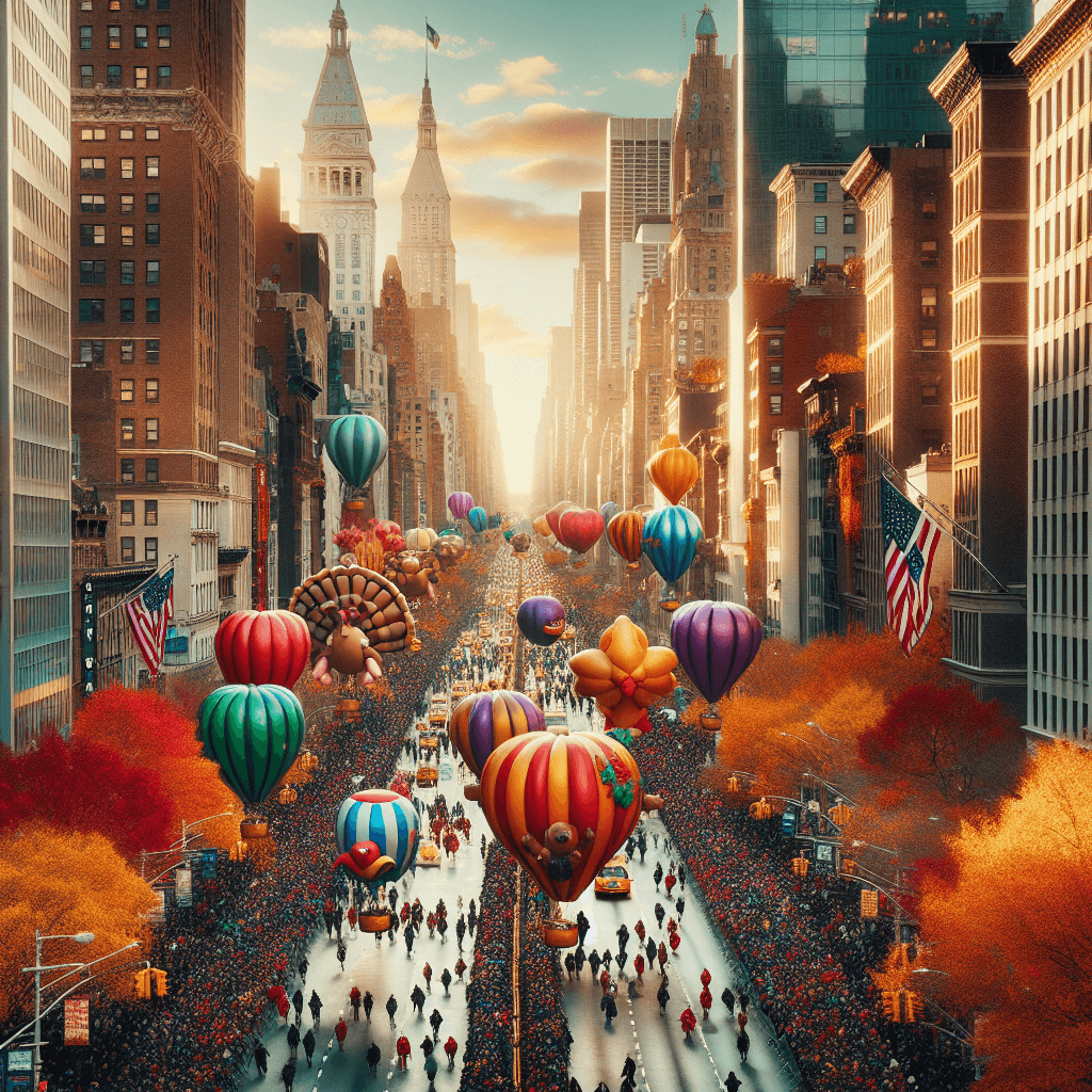 Illustrated New York City skyline with Thanksgiving turkey, autumn leaves, and open shop and restaurant icons