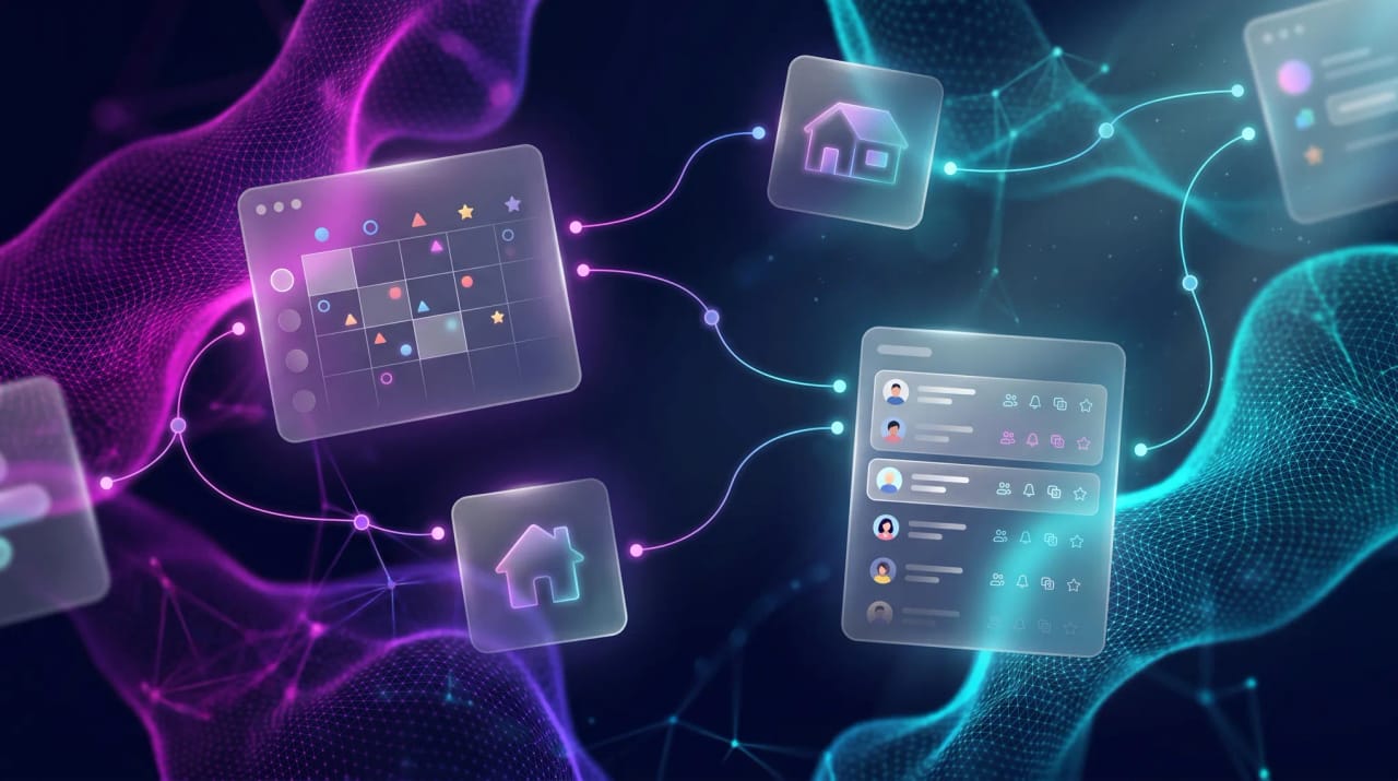 Grid of personal AI assistant app icons floating around a family calendar representing Ohai alternatives