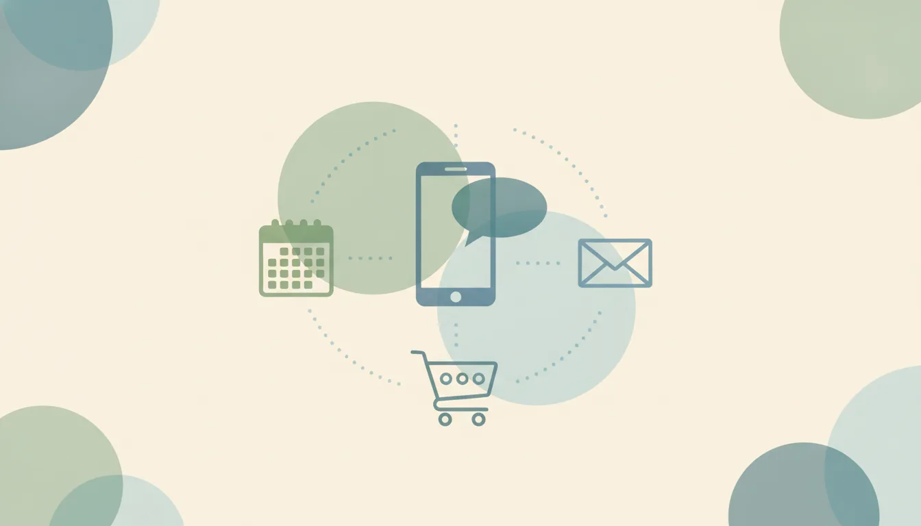 A phone text thread surrounded by a calendar, a school envelope and a grocery list