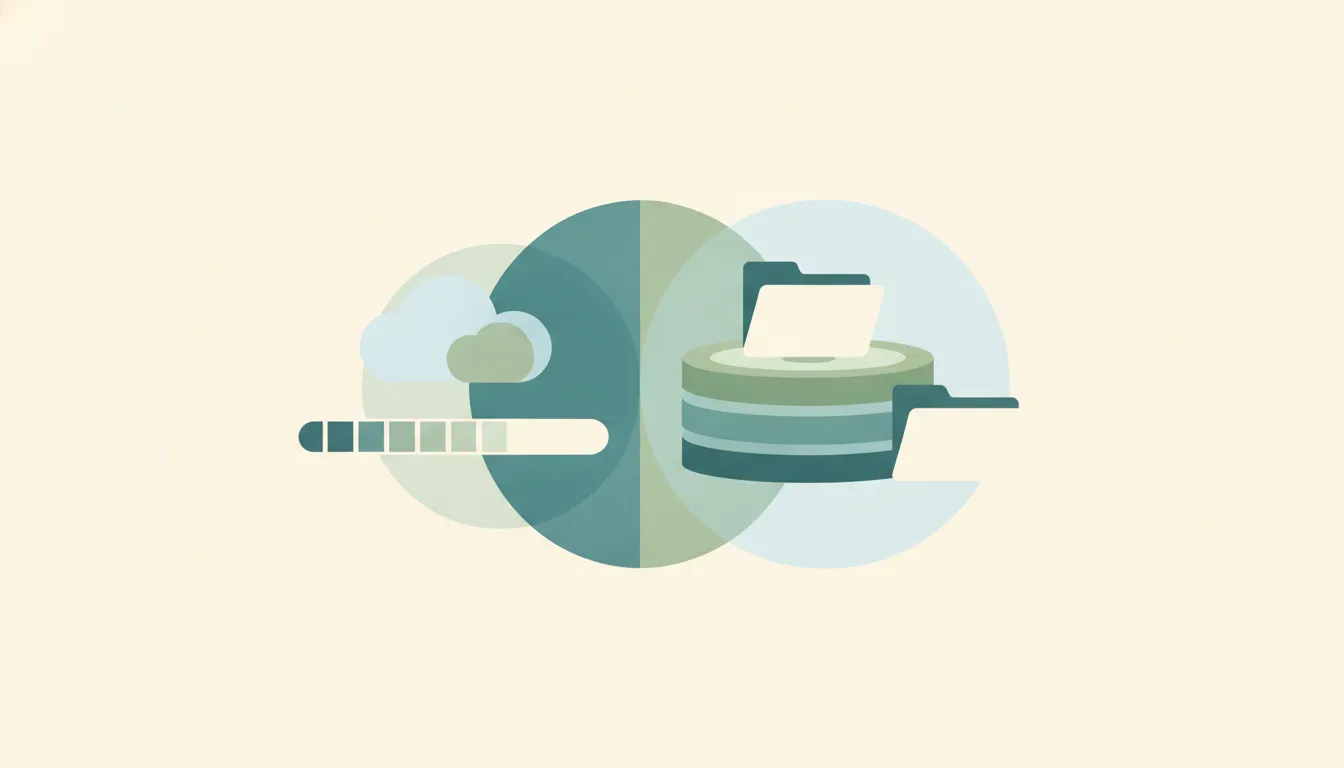 A cloud icon beside a stacked-disk storage gauge and folders, representing OneDrive storage limits