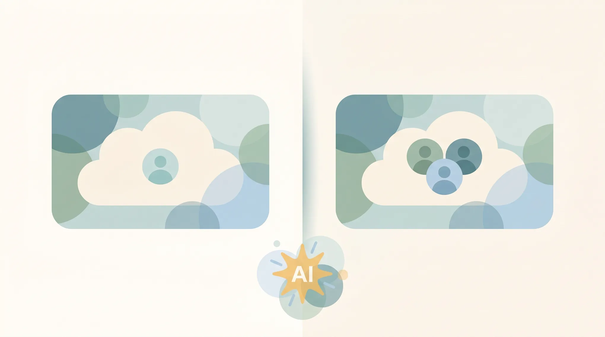 Two cloud storage icons side by side — one labeled for a single person, one for a team — representing OneDrive versus SharePoint