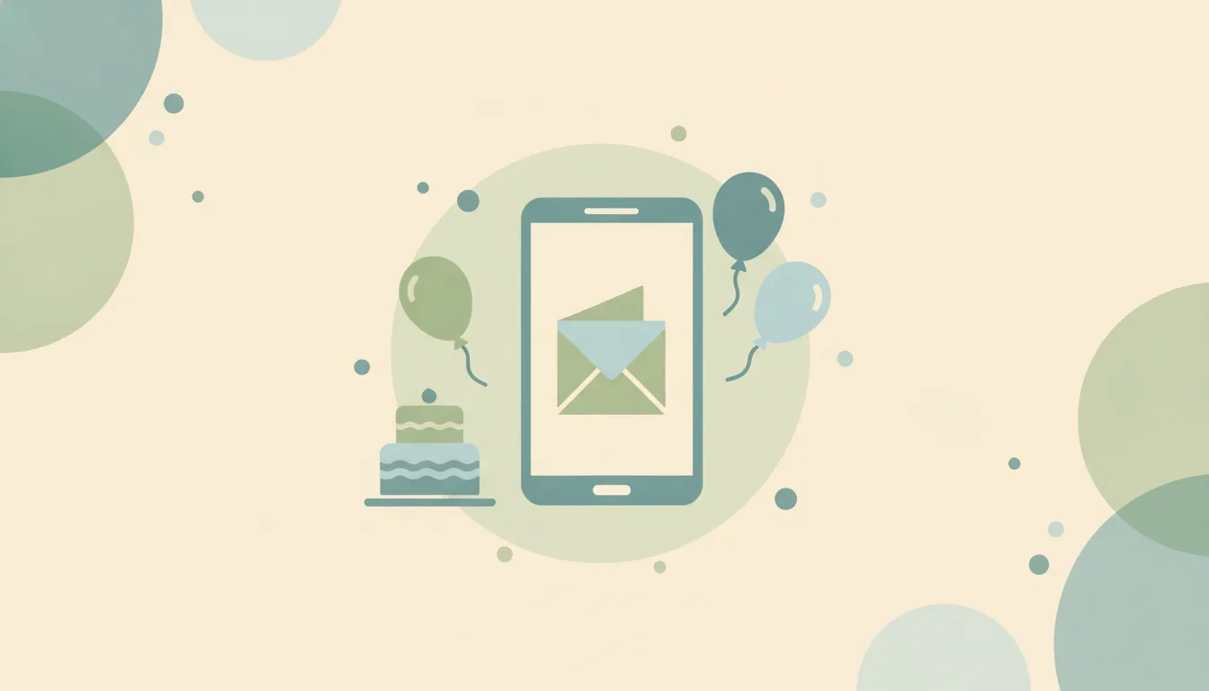 A phone showing an invitation envelope, surrounded by balloons, a small cake, and confetti, over soft layered circles