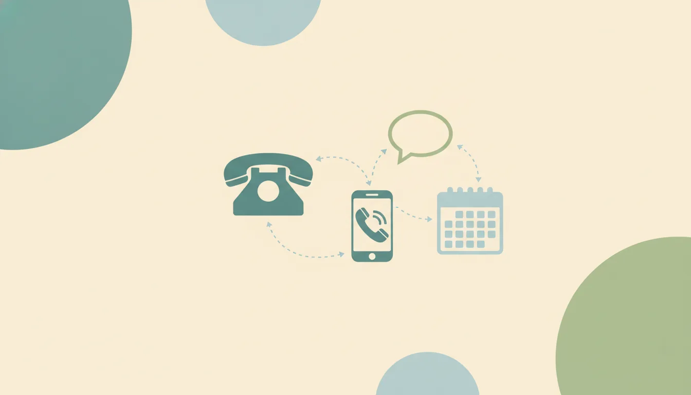 A desk phone and a ringing mobile handset linked by dotted lines to a chat bubble and a calendar grid over soft layered circles