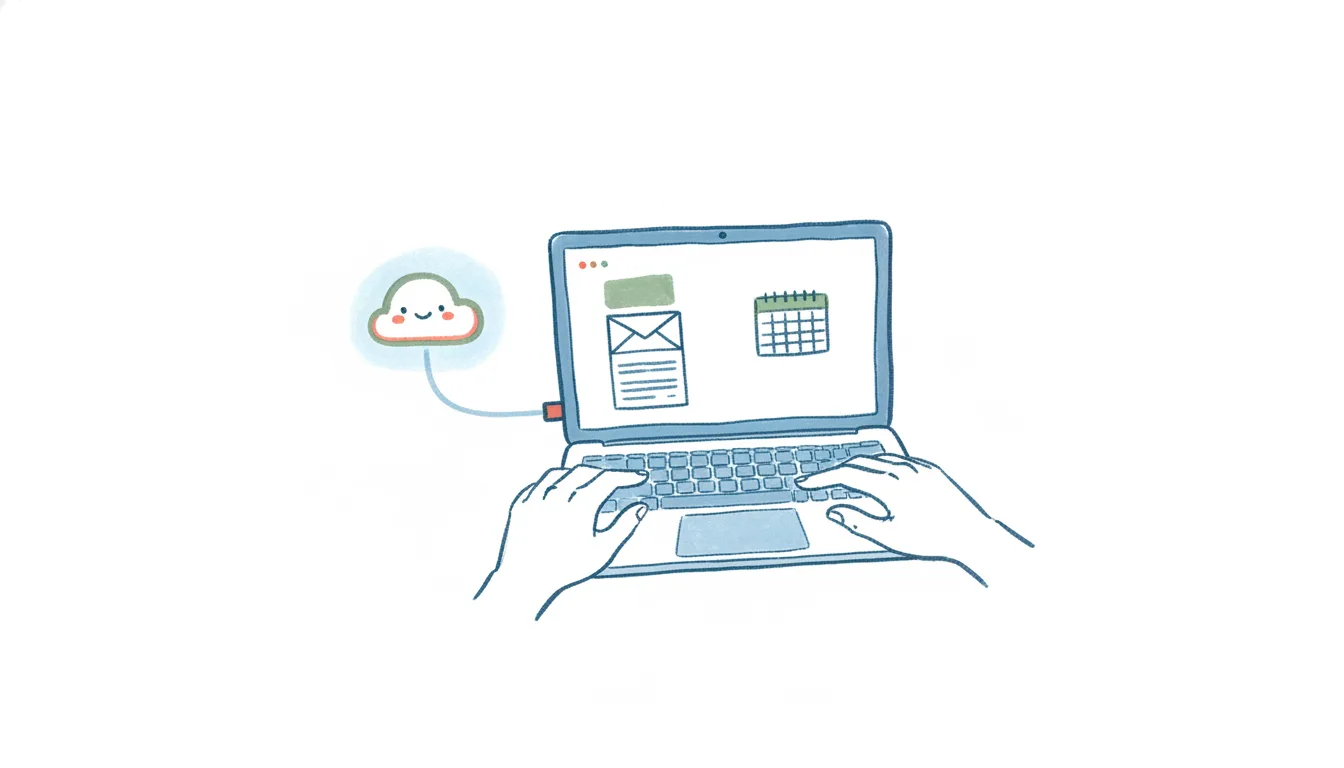 A laptop showing an Outlook inbox and calendar, linked by a connector to a friendly AI assistant