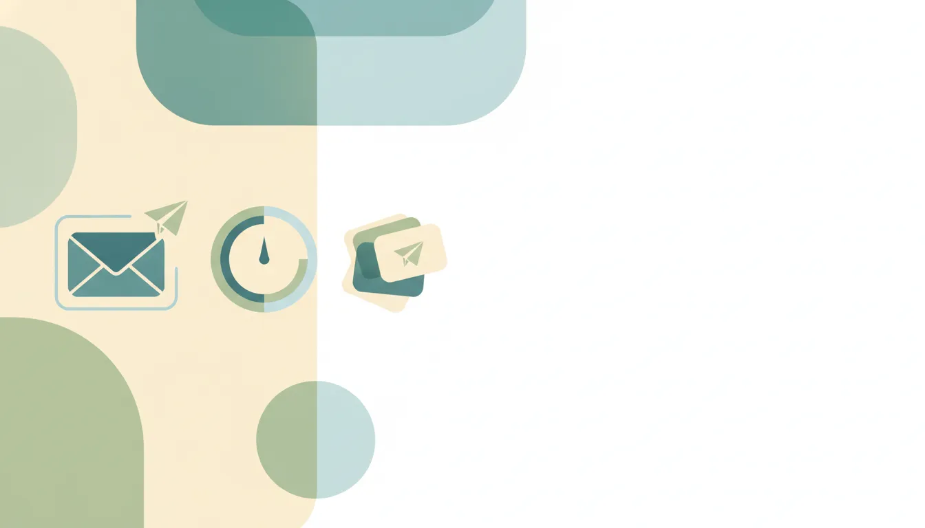 An email envelope beside a daily counter dial and stacked outgoing messages, representing Outlook sending limits