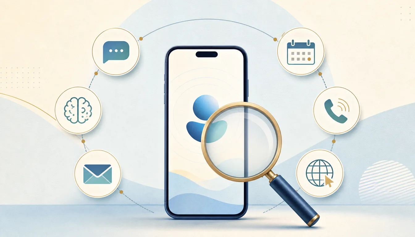 A phone-based AI assistant being evaluated across messaging, memory, email, calendar, calls, and browser tasks
