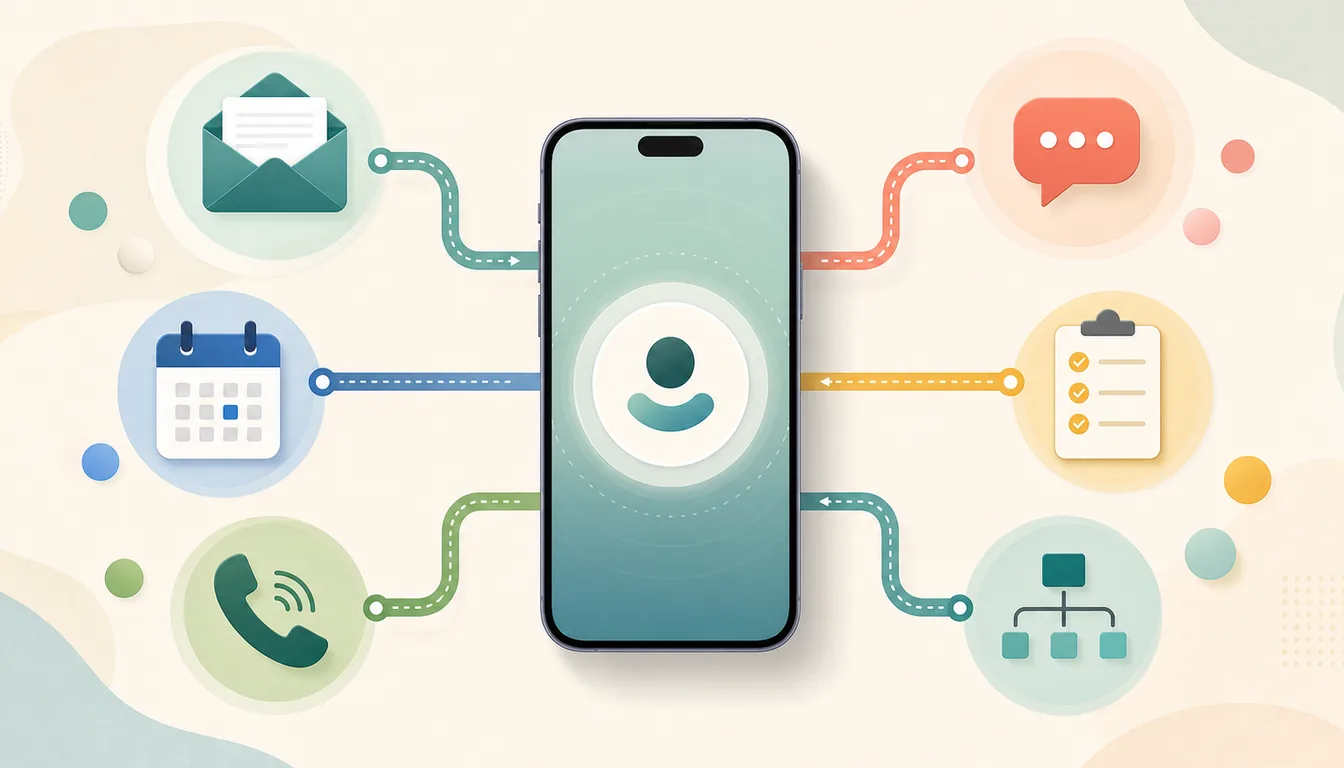 A phone at the center of connected email, calendar, chat, phone, and workflow icons representing Pally alternatives