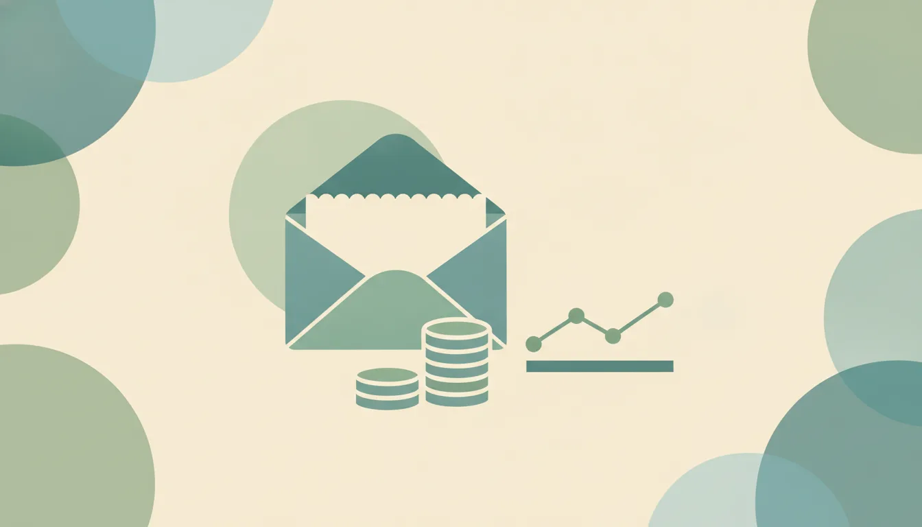 An open envelope with a scalloped liner beside stacks of coins and a small line chart, over soft layered circles