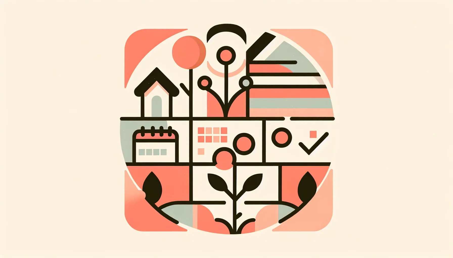 Family calendar illustration with school bus, backpack, and activity icons showing parents organizing the school year