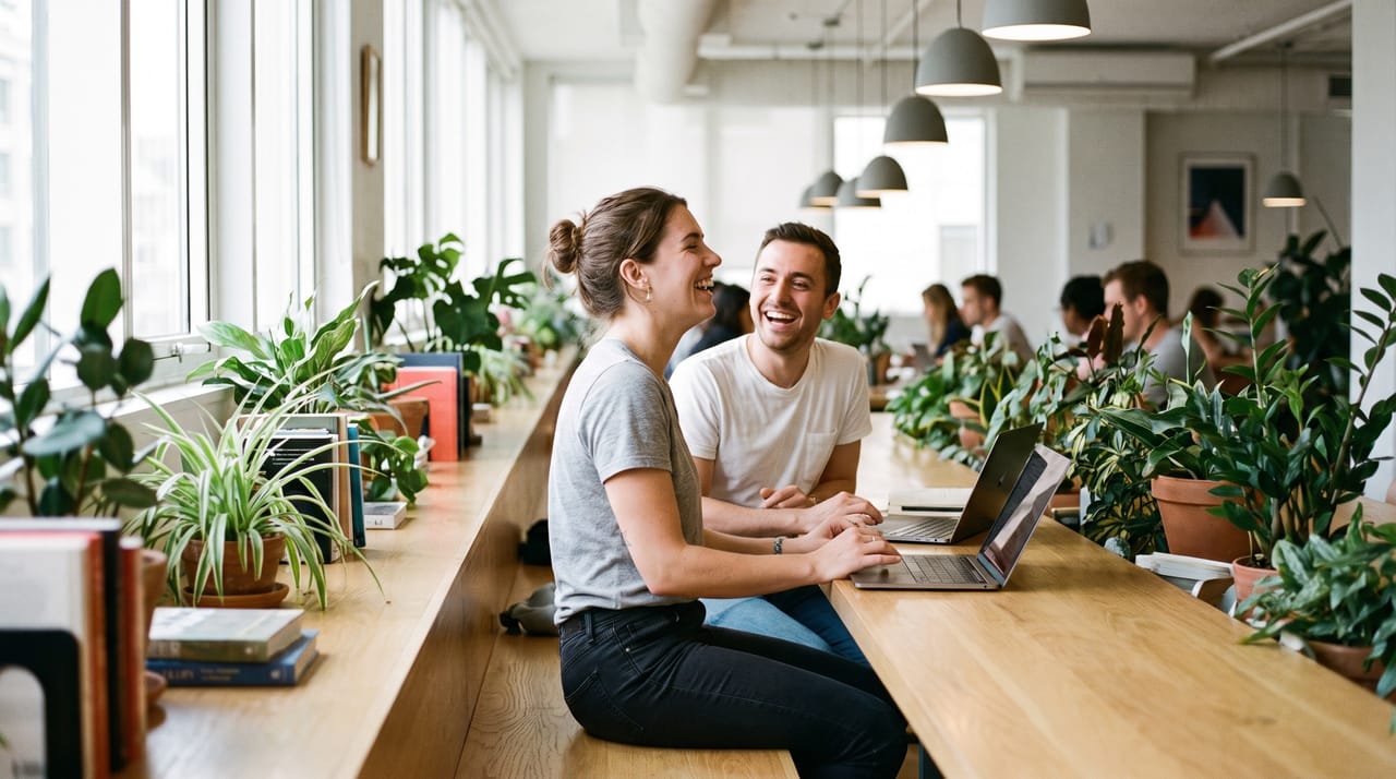 Two professionals working side by side on a coworking bench, illustrating a comparison between Carly AI and Cassidy AI