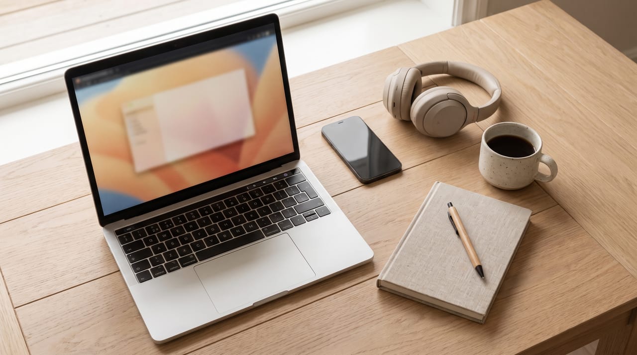 Top-down view of a tidy desk with an open laptop, phone, headphones, coffee, and a notebook