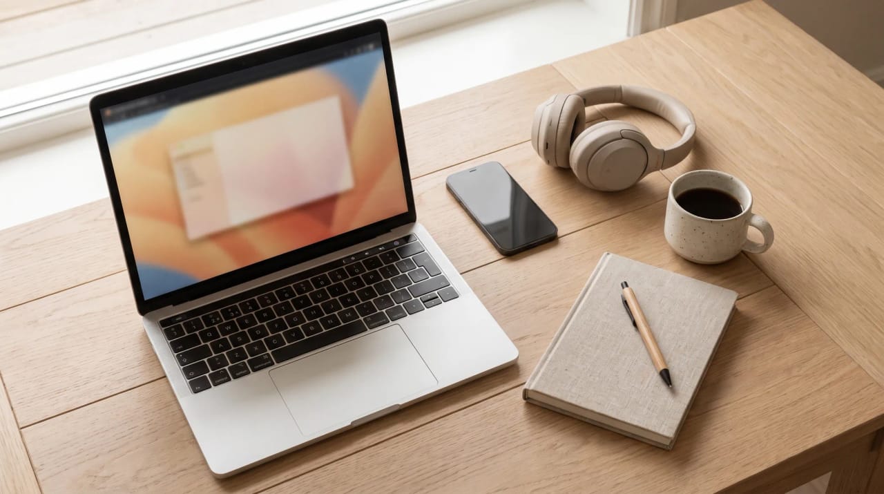 A tidy desk flatlay with a keyboard, notebook, pen, and reading glasses arranged on a light wooden surface