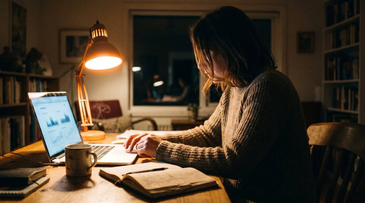A desk lit by a warm lamp in the evening, an open laptop and a mug beside a stack of papers