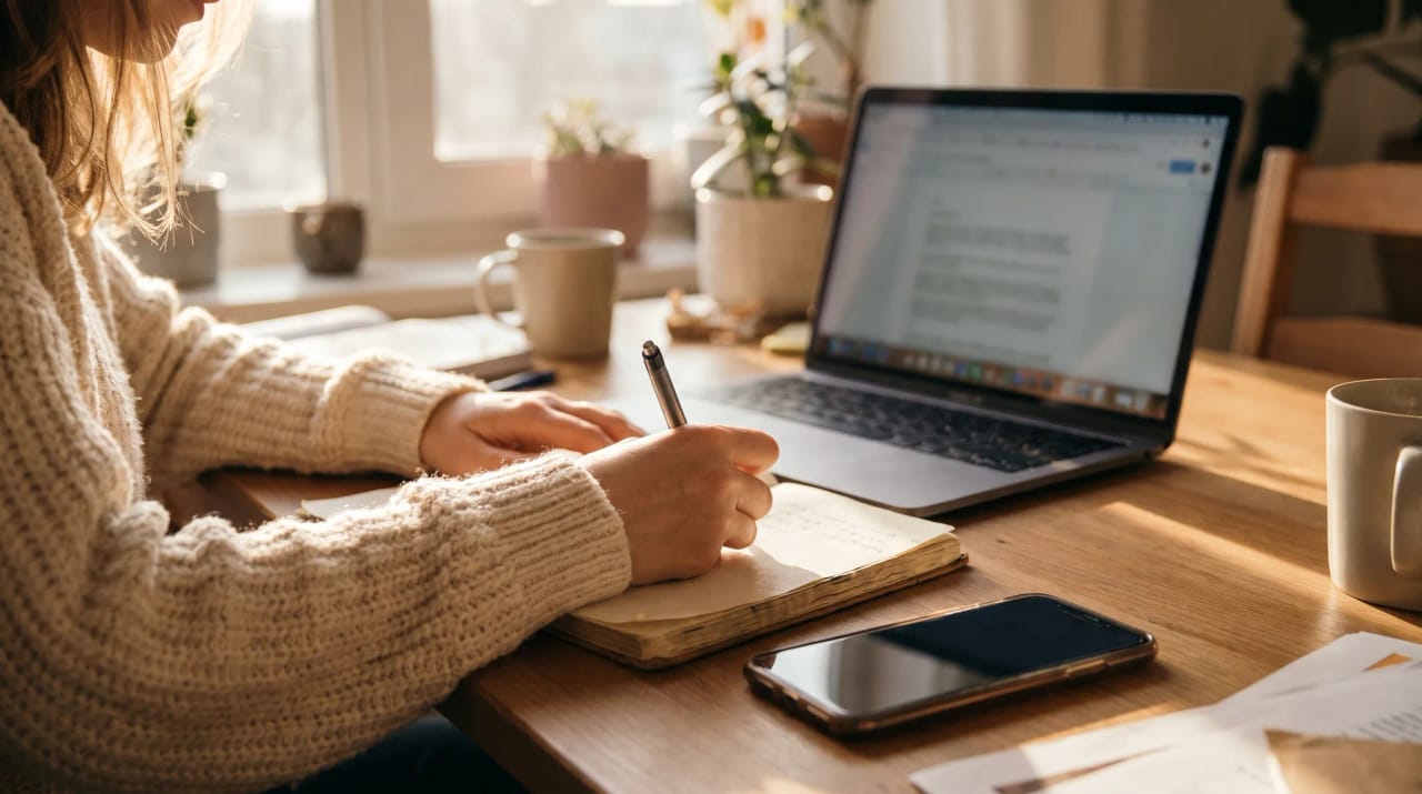 A person reviewing a project plan on a laptop beside an open notebook
