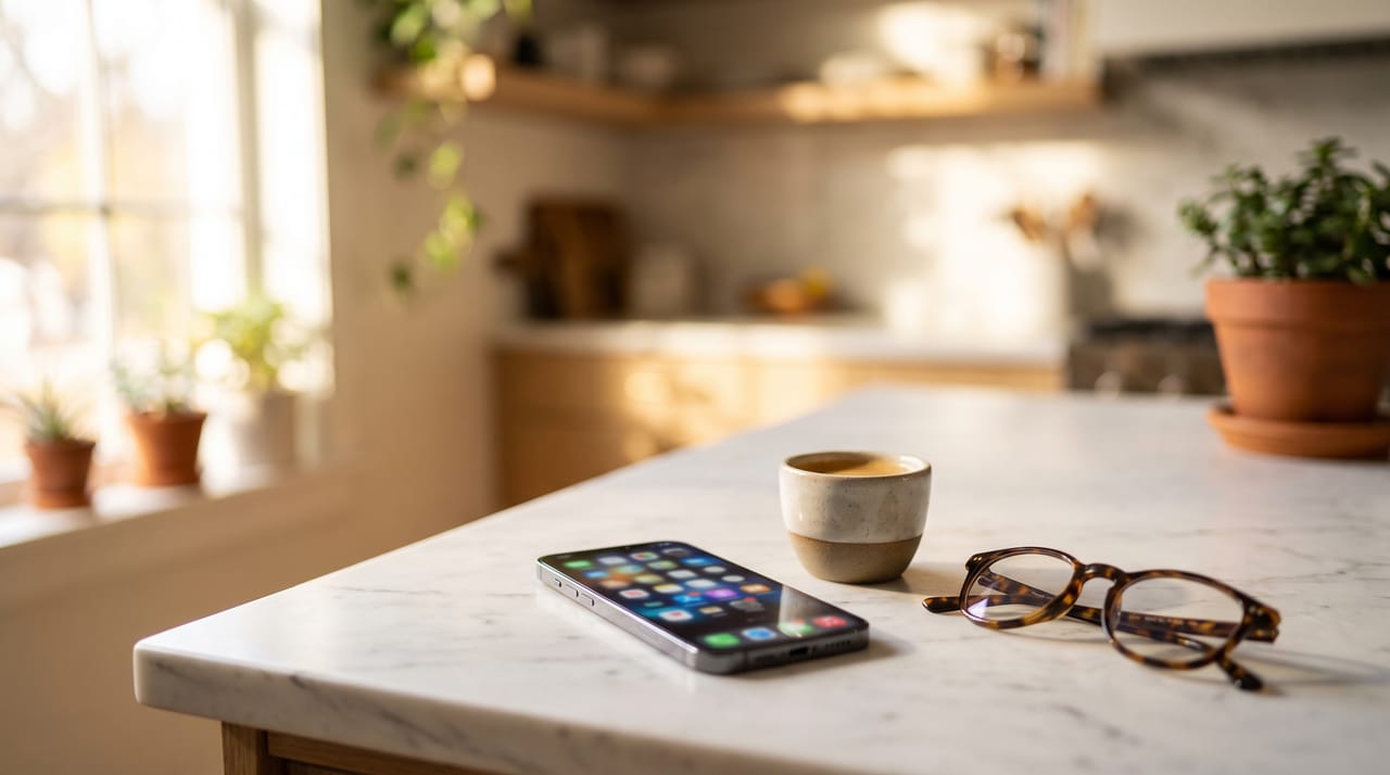 A phone on a marble table showing a text-message conversation with an AI assistant, representing Carly AI compared with Poke
