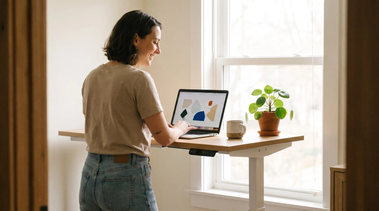 Roofing contractor at a standing desk reviewing job estimates on a laptop